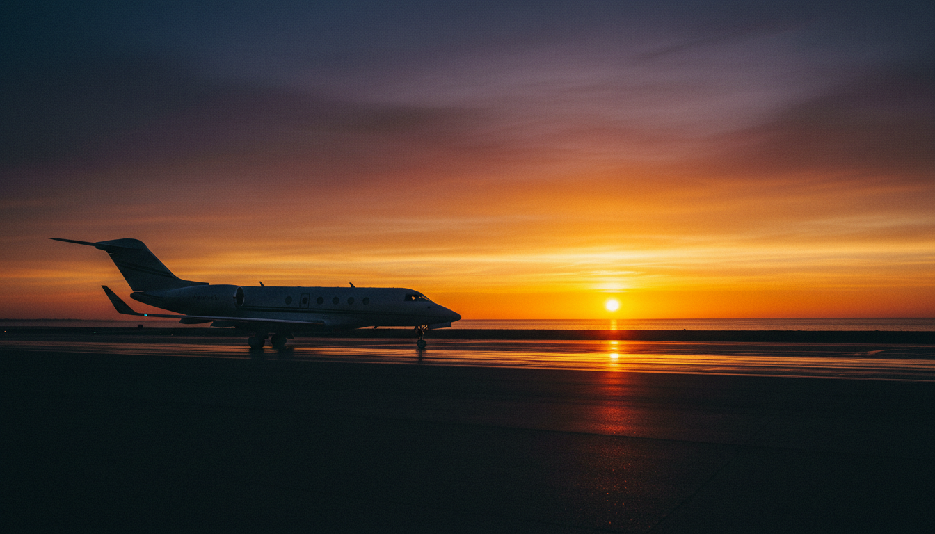 Luxury private jet silhouetted at sunset over the Mediterranean.